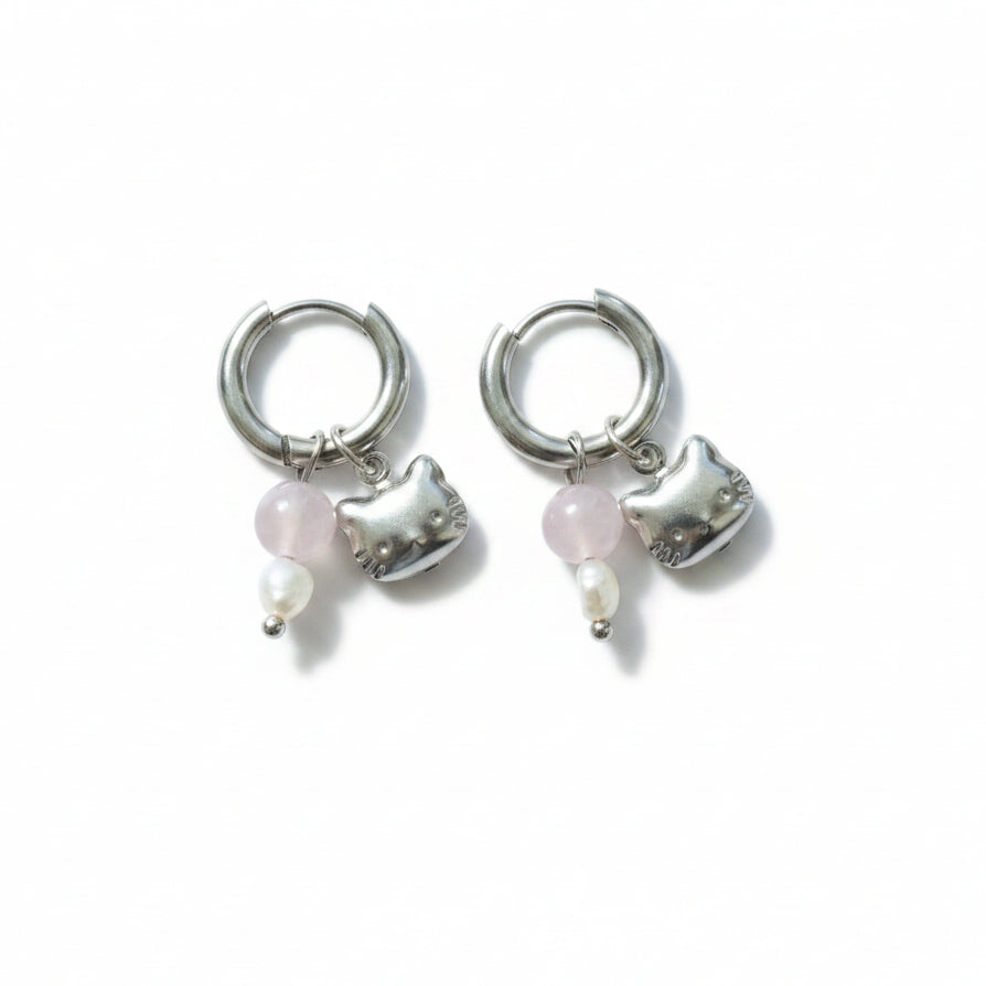 Oorbellen 'Hello kitty - rose quartz'