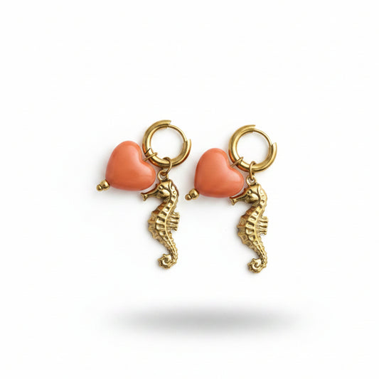 Oorbellen 'seahorse - orange heart'