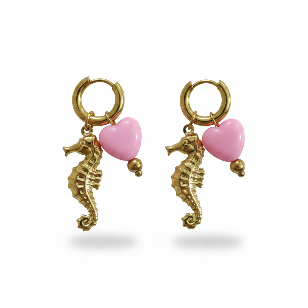 Oorbellen 'Seahorse - pink heart'