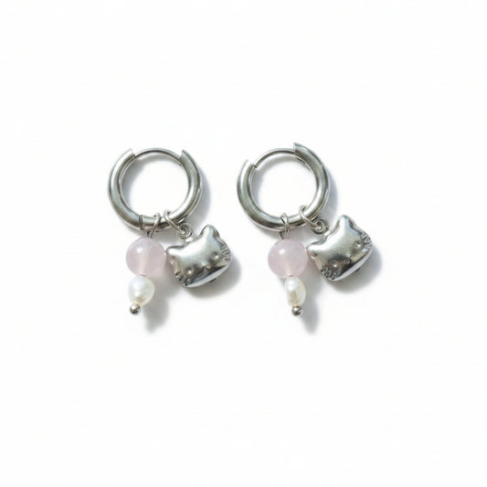 Oorbellen 'Hello kitty - rose quartz'