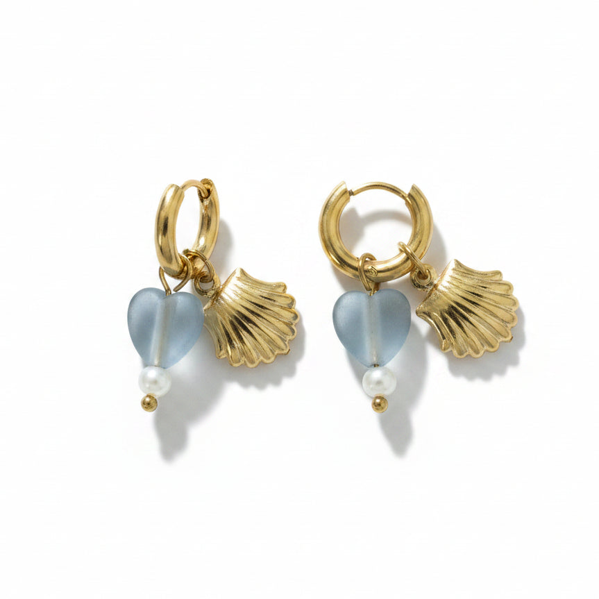 Oorbellen 'shell - blue heart'