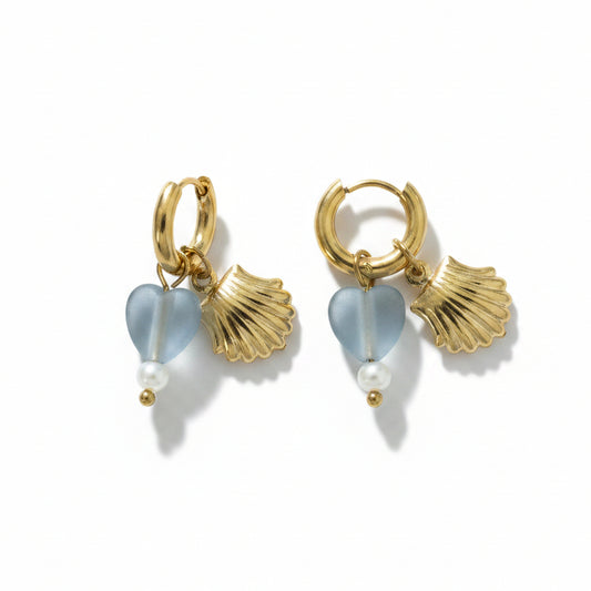 Oorbellen 'shell - blue heart'