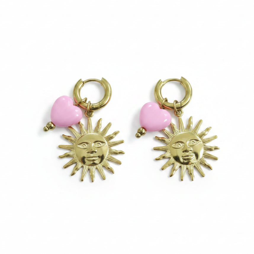 Oorbellen 'sun - pink heart'