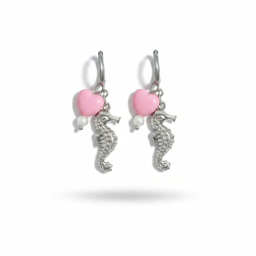 Oorbellen 'seahorse - pink heart'