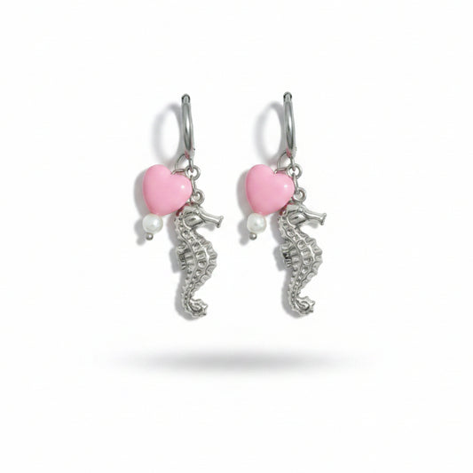Oorbellen 'seahorse - pink heart'