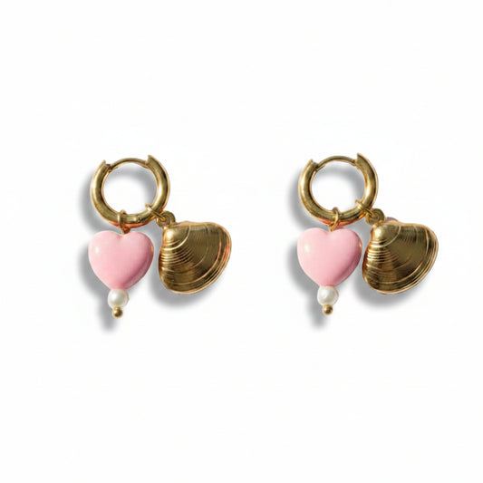Oorbellen 'shell - pink heart'